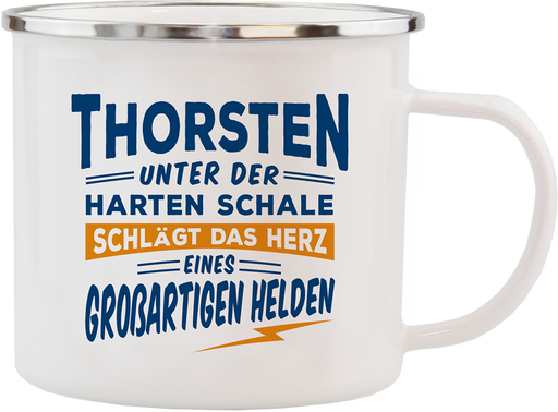 Emaille Becher / Tasse Thorsten Unter der harten Schale schlägt das Herz eines großartigen Helden - Ossiladen I Ostprodukte Versand
