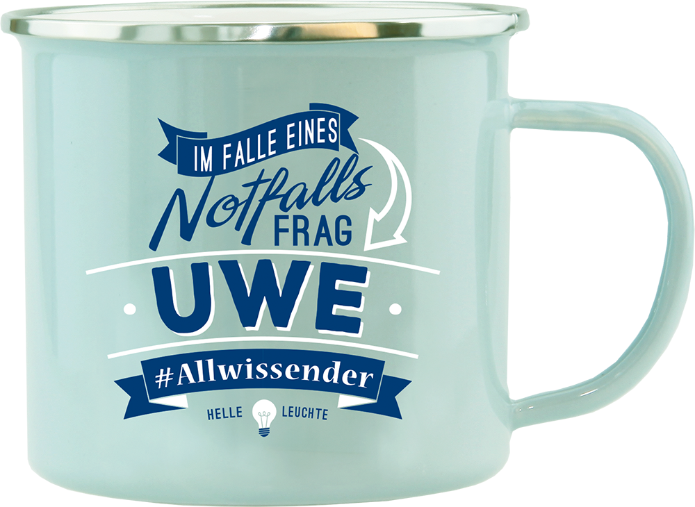 Emaille Becher / Tasse Uwe Im Falle eines Notfalls - Allwissender - Ossiladen I Ostprodukte Versand
