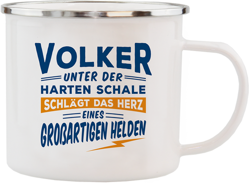 Emaille Becher / Tasse Volker Unter der harten Schale schlägt das Herz eines großartigen Helden - Ossiladen I Ostprodukte Versand