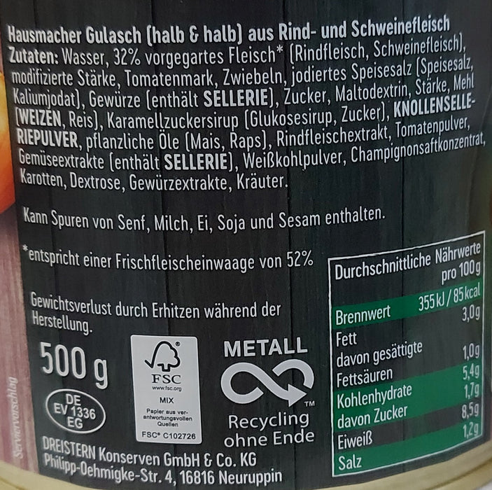 Dreistern Gulasch - Hausmacherart halb & halb 500g - Ossiladen I Ostprodukte Versand