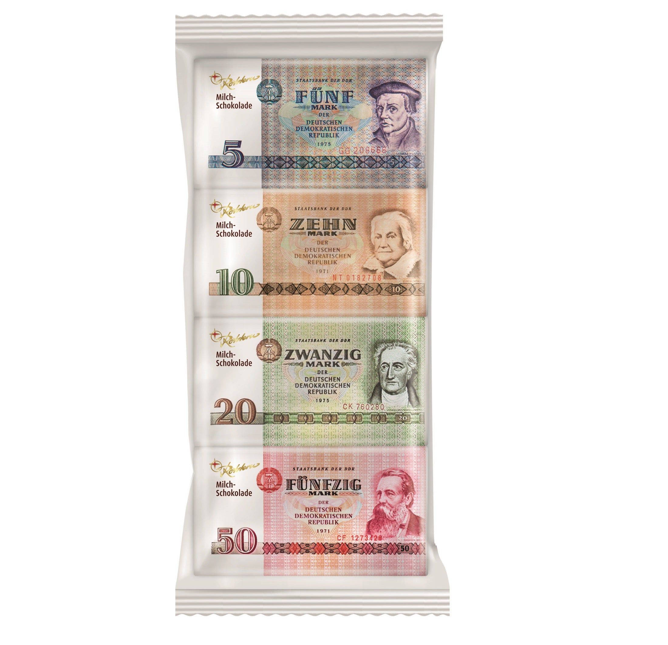4 Vollmilch-Schokolade-Täfelchen (DDR-Geldscheine) - Ossiladen I Ostprodukte Versand