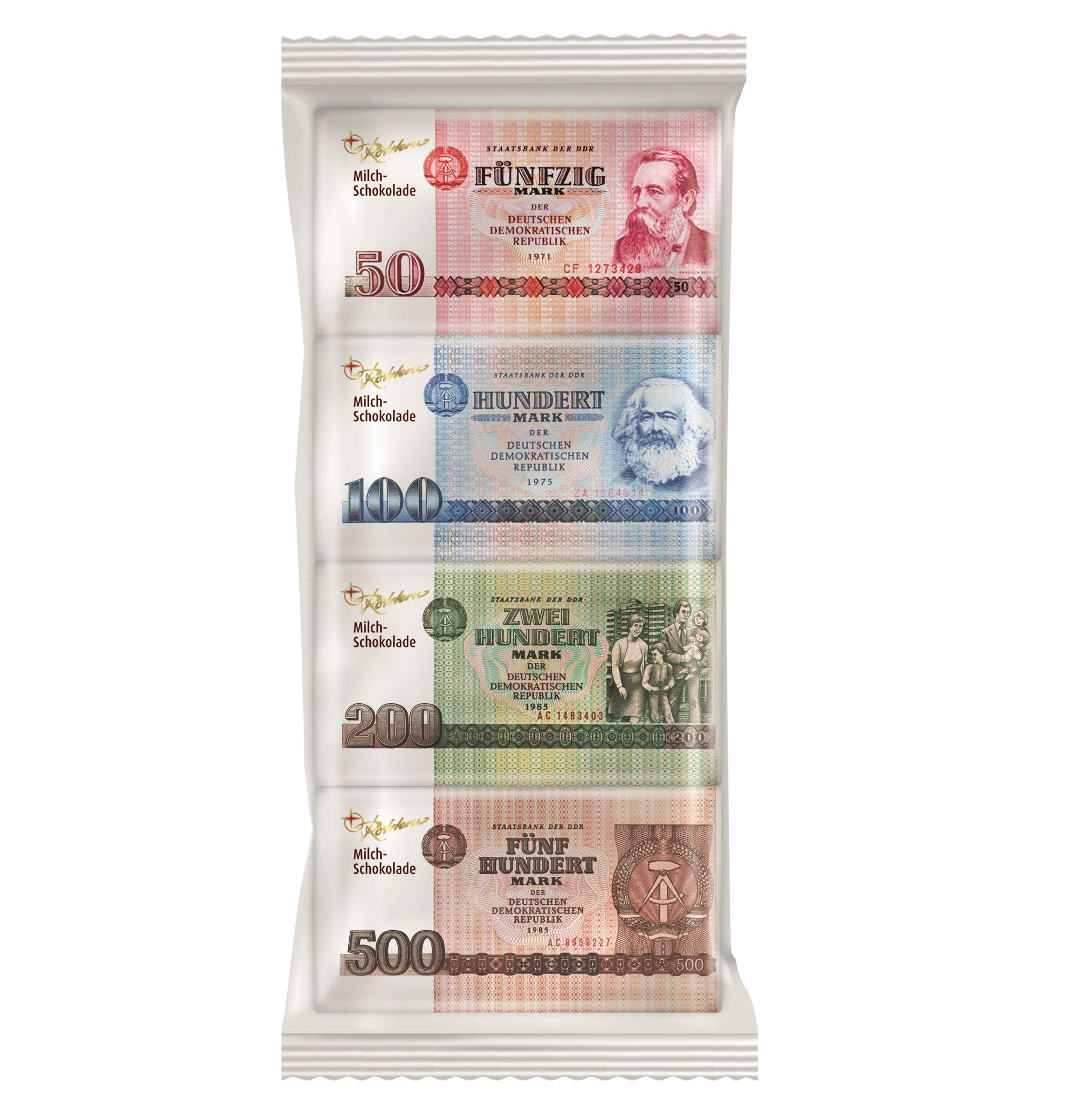 4 Vollmilch-Schokolade-Täfelchen (DDR-Geldscheine) - Ossiladen I Ostprodukte Versand