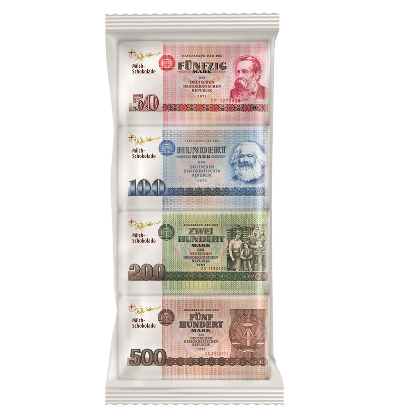 4 Vollmilch-Schokolade-Täfelchen (DDR-Geldscheine) - Ossiladen I Ostprodukte Versand
