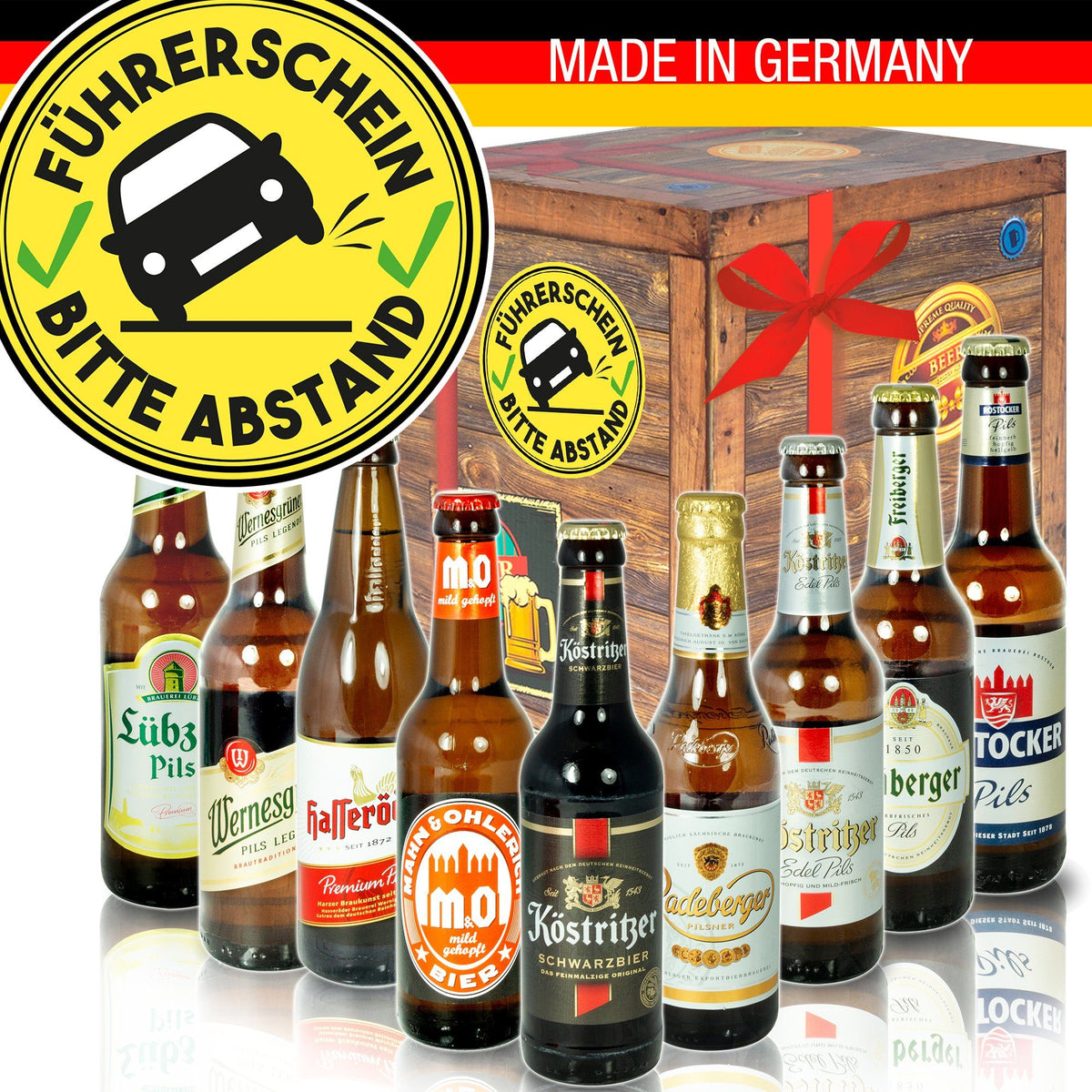 Führerschein bestanden – Bitte Abstand, 24 Flaschen Bier Weltreise, Geschenk Box