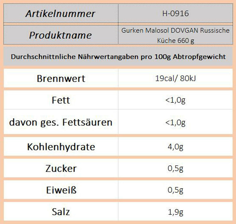 Gurken Malosol DOVGAN Russische Küche 660 g - Ossiladen I Ostprodukte Versand