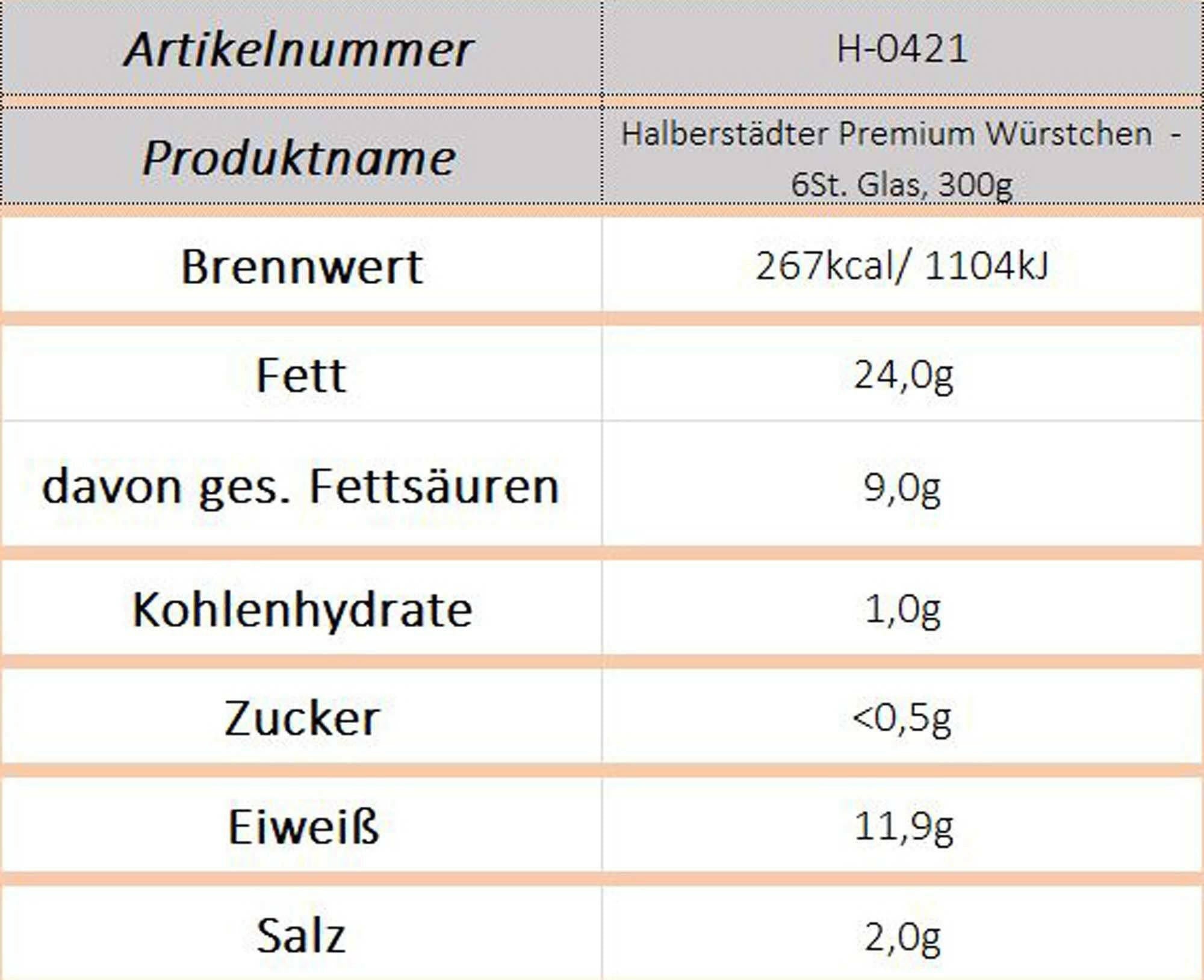 Halberstädter Premium Würstchen i.z.Saitl. - 6St. Glas, 300g - Ossiladen I Ostprodukte Versand