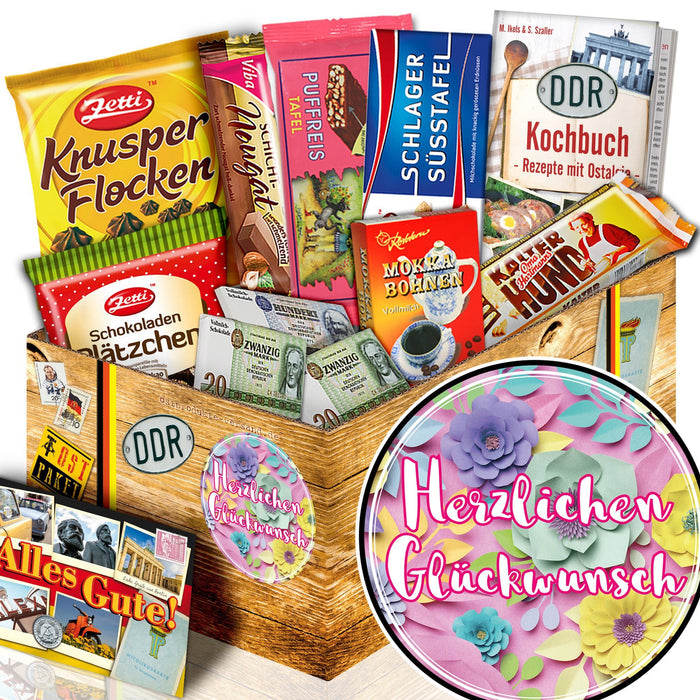 Herzlichen Glückwunsch Blume - Geschenkset Ostpaket "Schokoladenbox M" - Ossiladen I Ostprodukte Versand