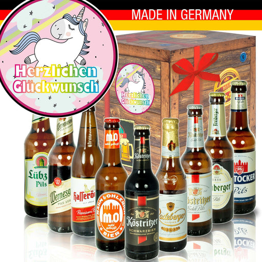 Herzlichen Glückwunsch Einhorn - Geschenkbox "Ostbiere" 9er Set - Ossiladen I Ostprodukte Versand
