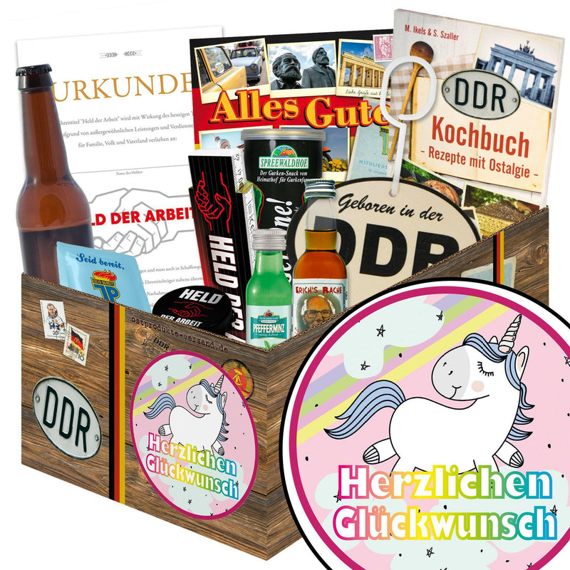 Herzlichen Glückwunsch Einhorn - Geschenkset Ostpaket "Männer Box" - Ossiladen I Ostprodukte Versand