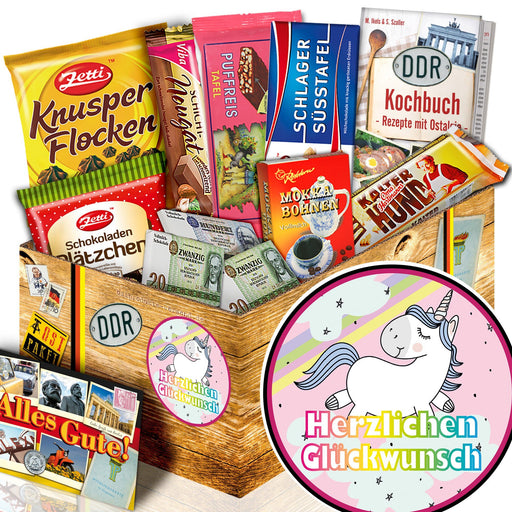 Herzlichen Glückwunsch Einhorn - Geschenkset Ostpaket "Schokoladenbox M" - Ossiladen I Ostprodukte Versand
