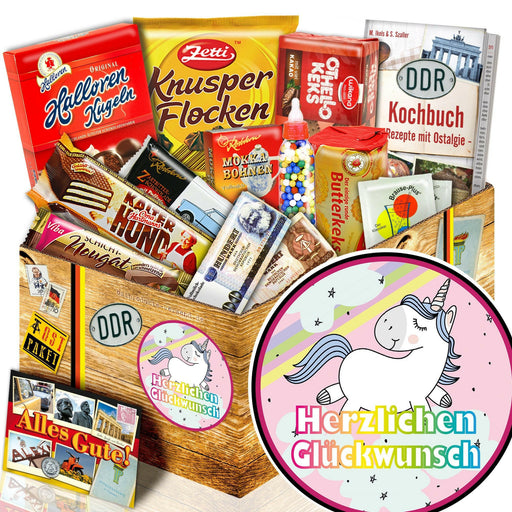 Herzlichen Glückwunsch Einhorn - Süßigkeiten Set DDR L - Ossiladen I Ostprodukte Versand
