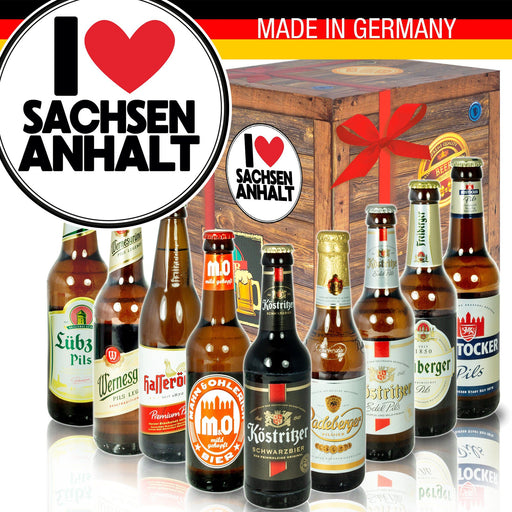 I Love Sachsen - Anhalt + Geschenkbox "Ostbiere" 9er Set - Ossiladen I Ostprodukte Versand