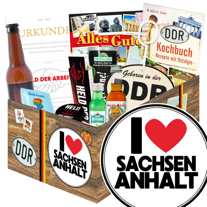 I Love Sachsen - Anhalt + Geschenkset Ostpaket "Männer Box" - Ossiladen I Ostprodukte Versand