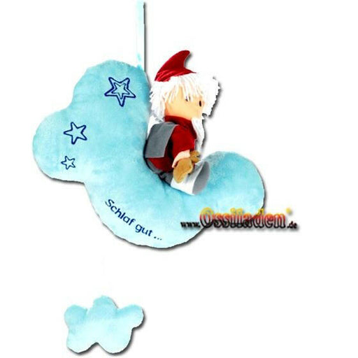 Sandmann mit Musik auf Wolke - großSandmannpuppe, ist auf der Wolke fixiert, in der Wolke befindet sich ein Musikzugwerk.<br>Wenn man an der Schnur zieht ertönt die originale Melodie aus dem Fernsehen " Sandmann, lieber Sandmann"<br><br>Masse der Wolke :
