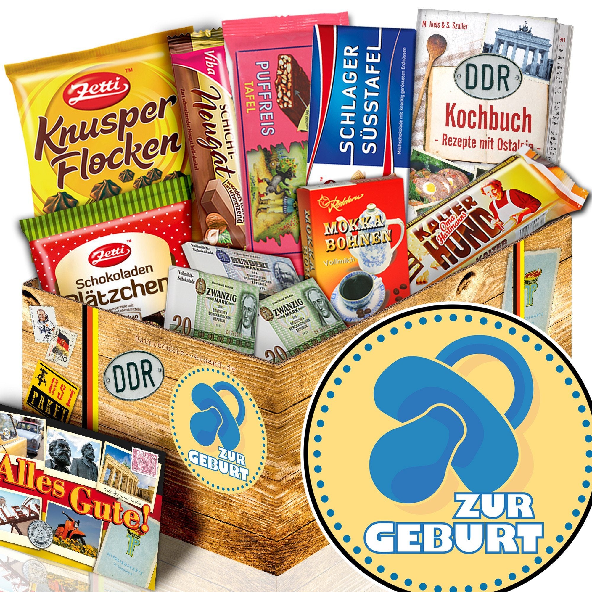 Zur Geburt blau - Geschenkset Ostpaket "Schokoladenbox M" - Ossiladen I Ostprodukte Versand