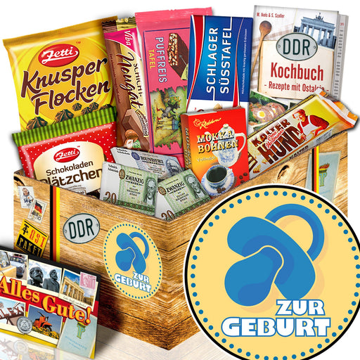 Zur Geburt blau - Geschenkset Ostpaket "Schokoladenbox M" - Ossiladen I Ostprodukte Versand